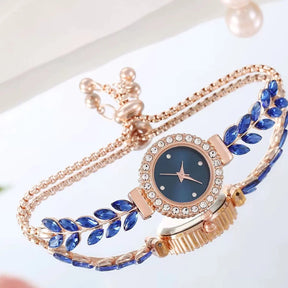 Relógio Feminino com Cordão de Folhas e Pulseira de Diamantes - Kalon Joias