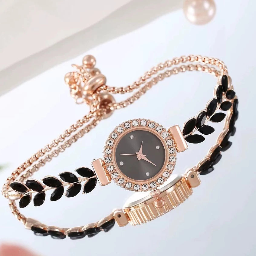 Relógio Feminino com Cordão de Folhas e Pulseira de Diamantes - Kalon Joias