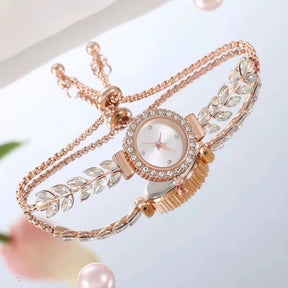 Relógio Feminino com Cordão de Folhas e Pulseira de Diamantes - Kalon Joias